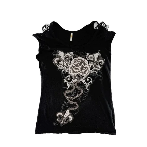 Vtg 2000s Y2K Studded Rose Shirt Tattoo Style See Measure Biker Hipster Grunge - Picture 3 of 8